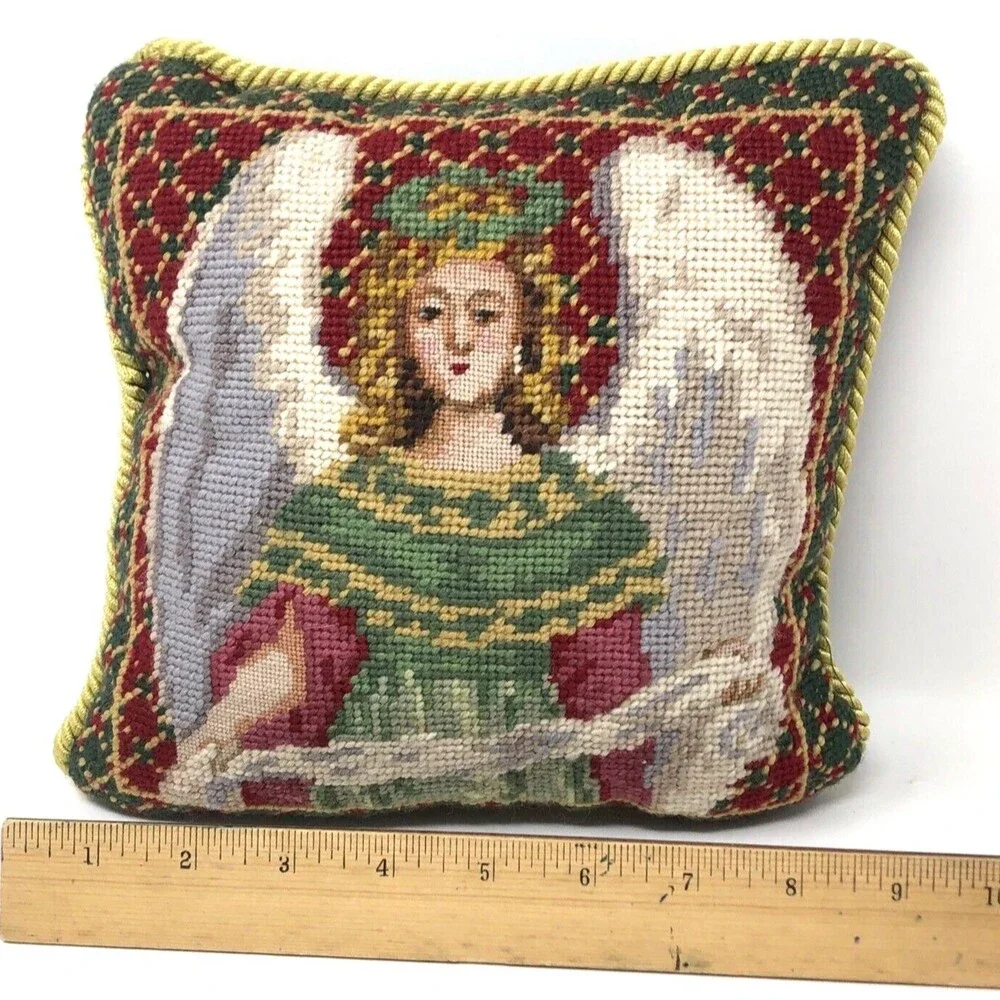 Vintage Victorian Angel Handmade Wool Needlepoint Pillow 9” Green Velvet Back